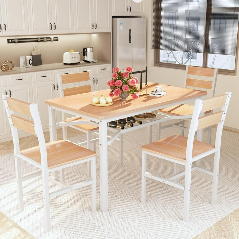 Dining Set 5-Piece White Metal Legs Light Wood Top Storage Rack