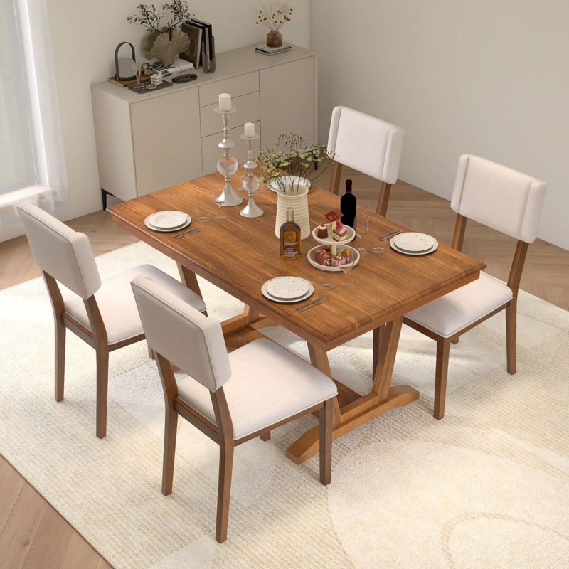 Dining Set 5 Piece Wood Table Cream Upholstered Chairs Trestle Base