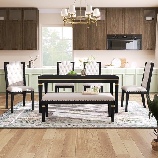 Dining Set 6 Piece Black Table Cream Tufted Chairs Bench Seating Glam