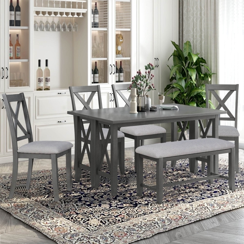 Dining Set 6-Piece Grouping Transitional Slat Back Upholstered Bench