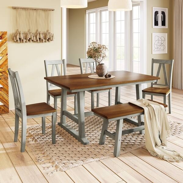 Dining Set 6-Piece Two-Tone Grey X-Back Chairs With Bench