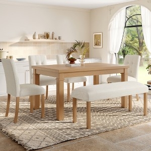 Dining Set 6 Piece Walnut Wood with Bench Mid Century Modern
