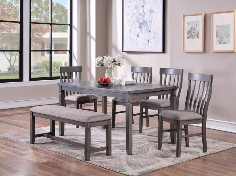 Dining Set 6-Piece Weathered Gray Finish Slat Back Chairs
