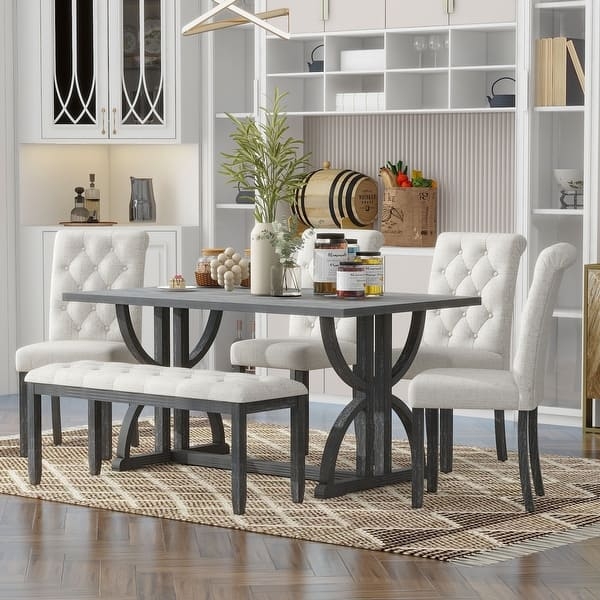 Dining Set 6-Piece Weathered Gray Trestle Base Button Tufted Bench