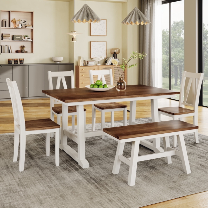 Dining Set 6-Piece White and Walnut Trestle A-Frame Slat Back