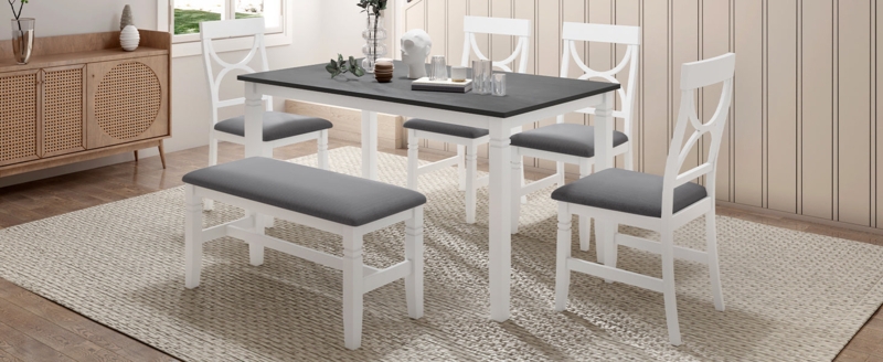 Dining Set 6-Piece with Upholstered Bench and X-Back Chairs