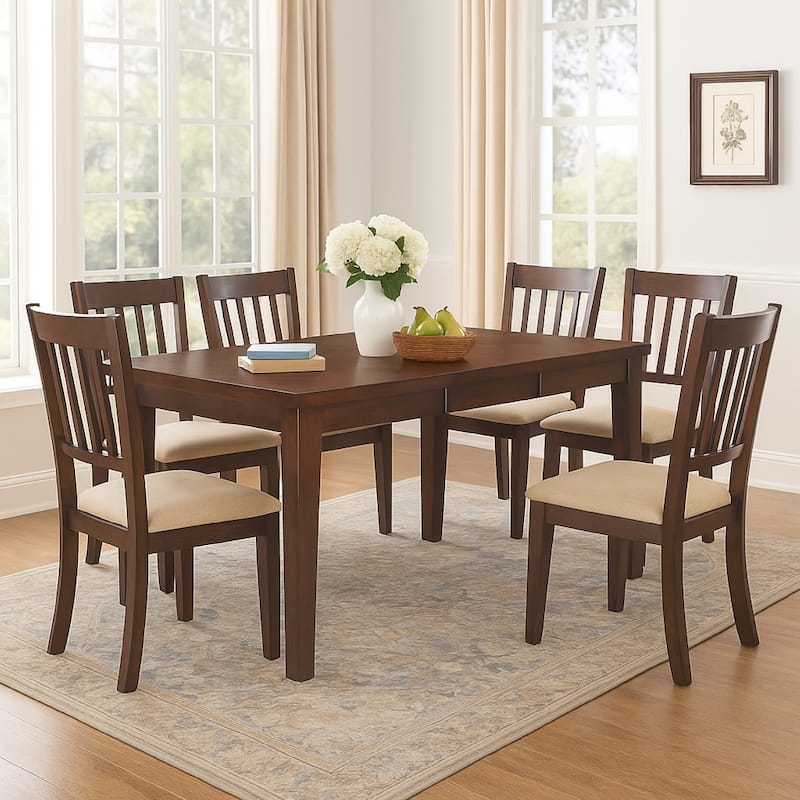 Dining Set 7-Piece Brown Wood Rectangular Tapered Legs Leaf Extension