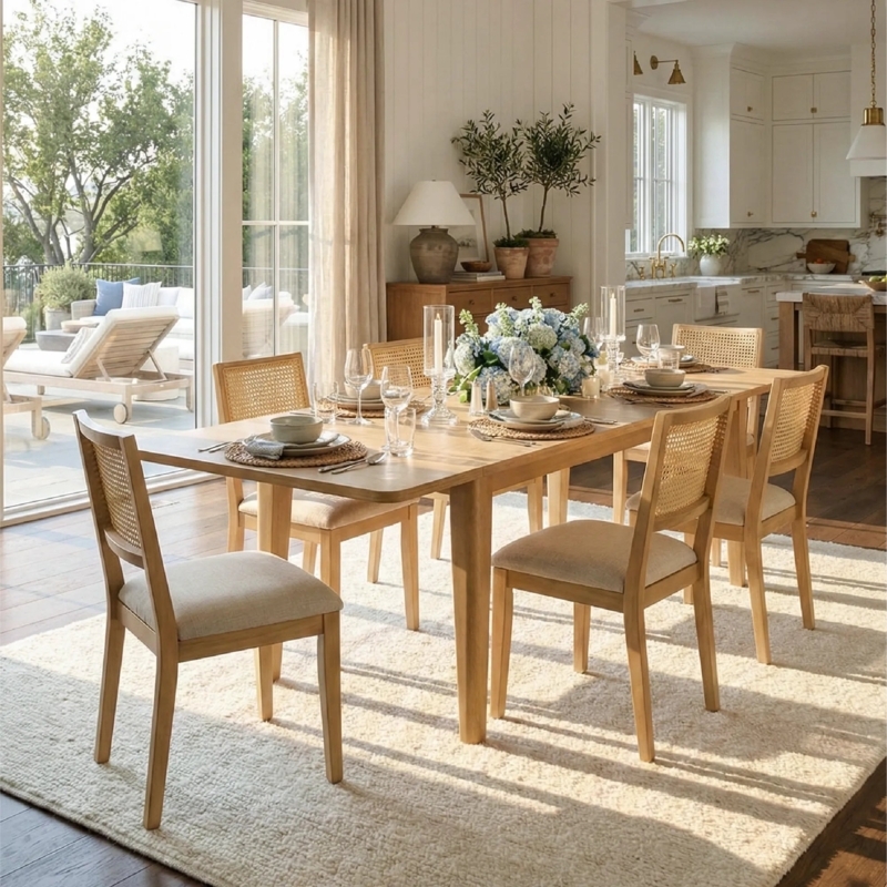 Dining Set 7-Piece Light Wood Cane Back Chairs Coastal Modern