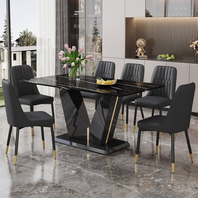 Dining Set: All Black Vertical Channel Tufting, Matte Finish Chairs.