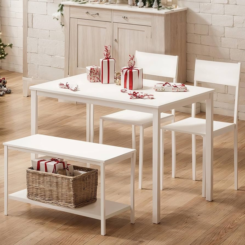 Dining Set All White Finish Two-Tier Bench Slender Frame