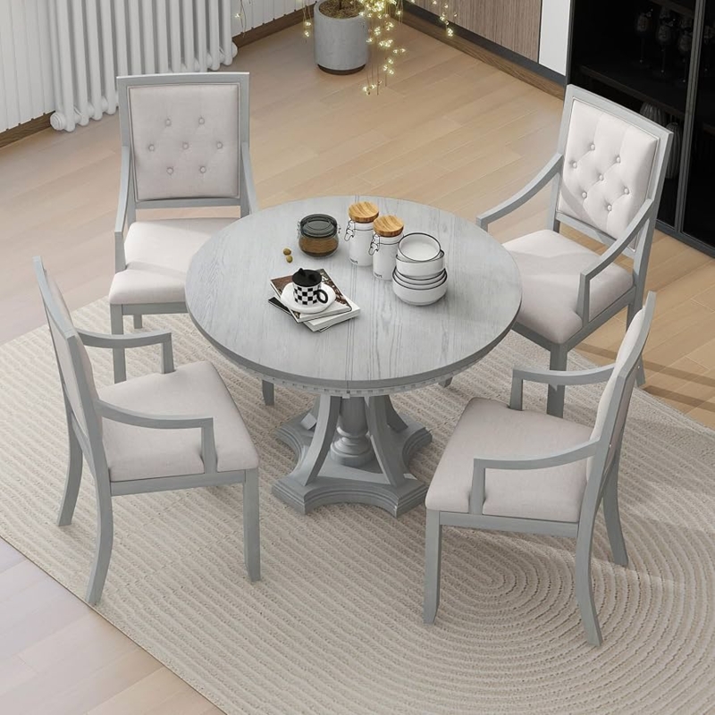 Dining Set Antique Grey Round Pedestal Button Tufted Chairs