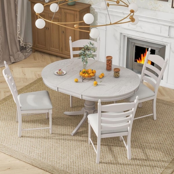 Dining Set Antique White Whitewashed Round Extendable Table Chairs