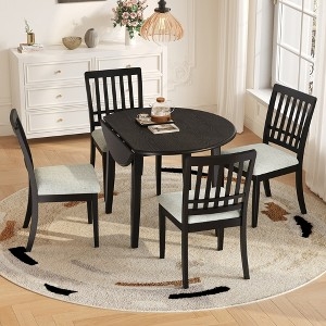 Dining Set Black Finish Slat Back Chairs Upholstered Seat Drop Leaf