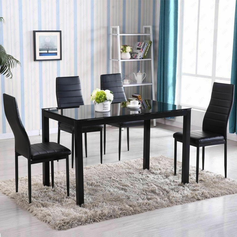 Dining Set Black Glass Top Ribbed High Back Chairs Contemporary