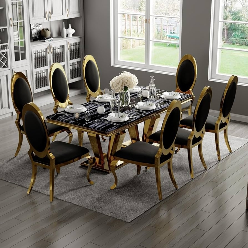Dining Set Black Marbled Top Gold Double Pedestal Base Oval Chairs
