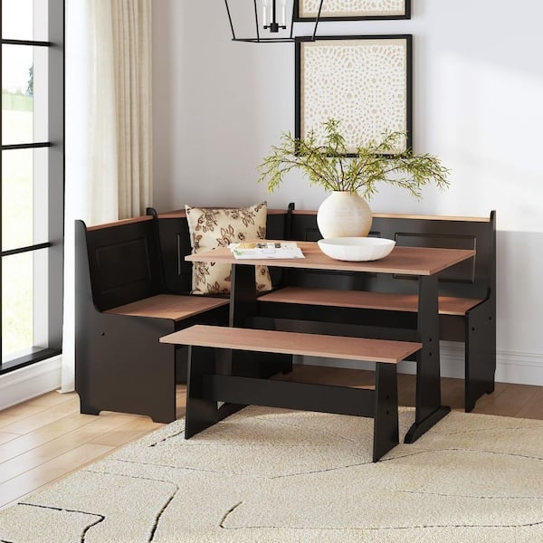 Dining Set Black Pecan Corner Nook Two Tone Finish Farmhouse