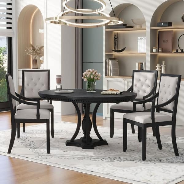 Dining Set Black Pedestal Table Tufted White Chairs Modern Glam Round