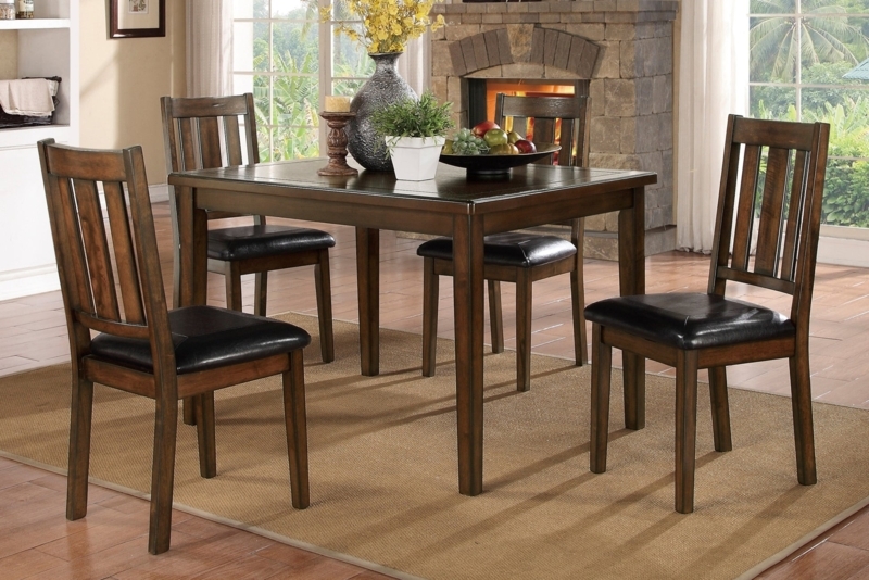 Dining Set, Cherry Finish, Black Faux Leather, Rectangular Table