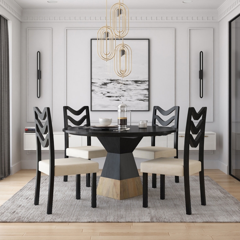 Dining Set Chevron Chair Backs Faceted Pedestal Base Matte Black