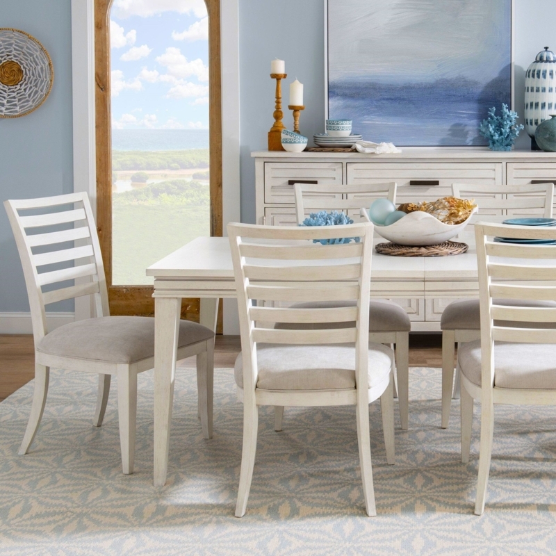 Dining Set Coastal Whitewashed Slat Back Chairs Extendable Table