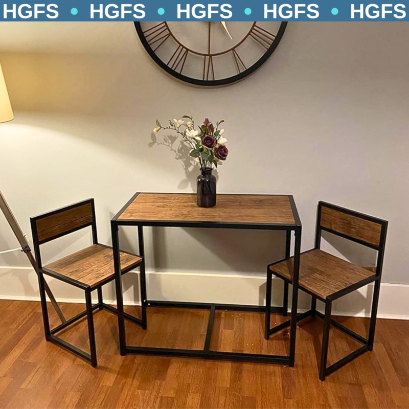 Dining Set Compact Three Piece Industrial Wood Metal Breakfast Table