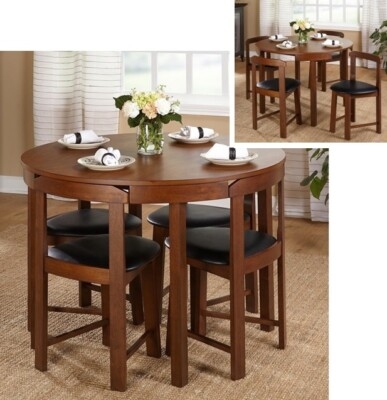 Dining Set Compact Walnut Space Saving Table Black Nesting Chairs