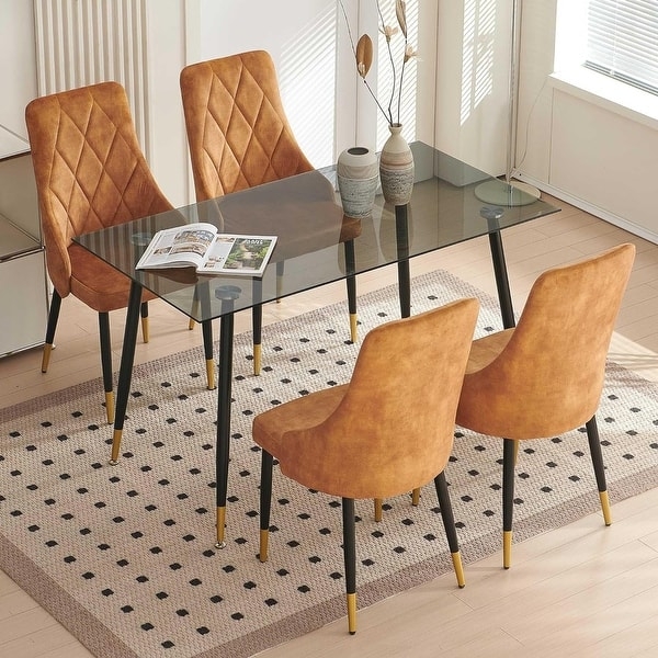 Dining Set: Contemporary Ochre Velvet Chairs, Grey Glass Table