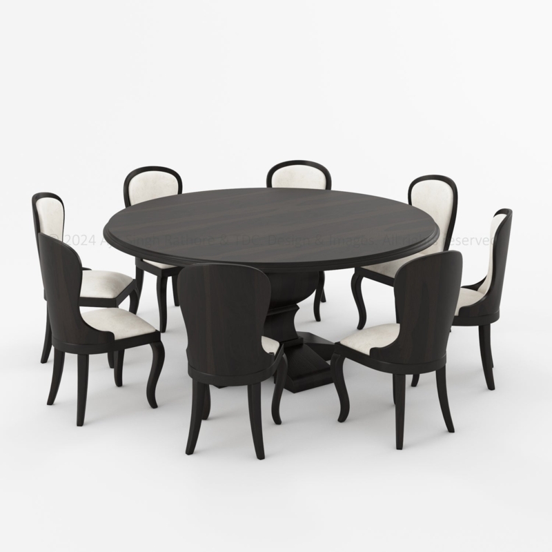 Dining Set Dark Wood Cream Upholstery Pedestal Base