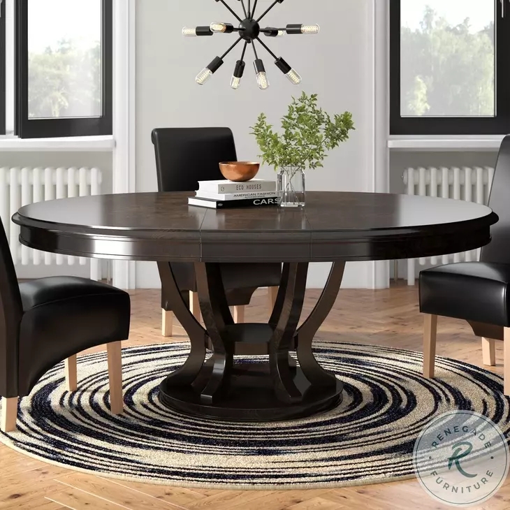 Dining Set Dark Wood Round Pedestal Table Black Leather-Like Chairs