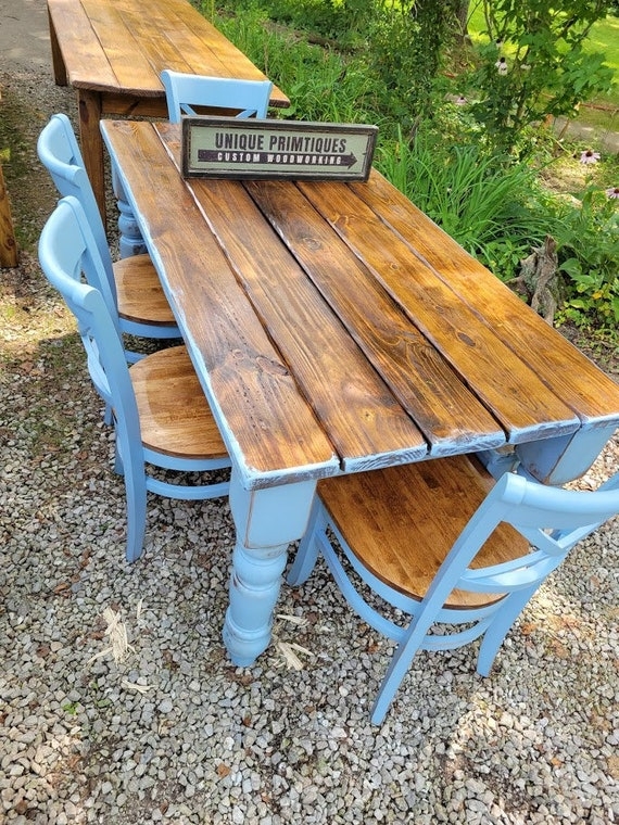 Dining Set: Distressed French Country Table with Light Blue Base