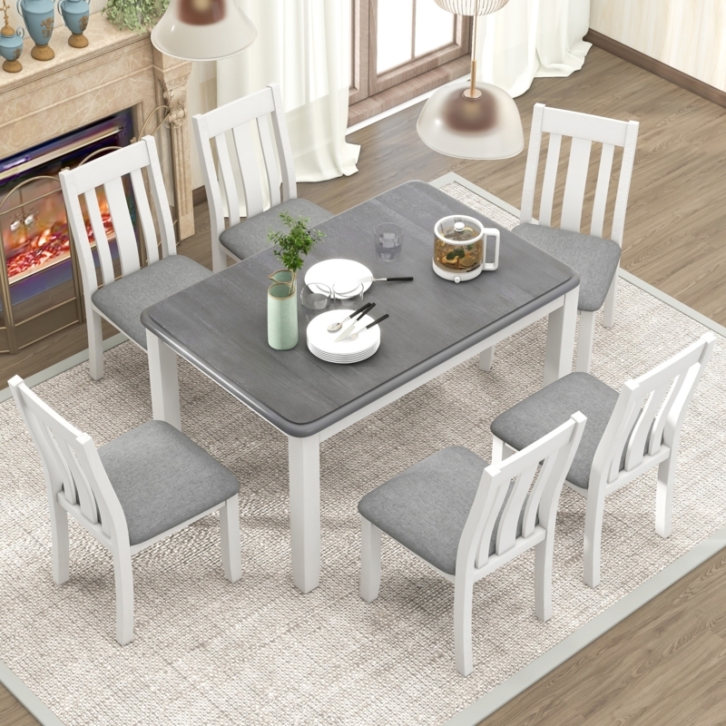 Dining Set: Extendable Gray Wood Table with White Upholstered Chairs