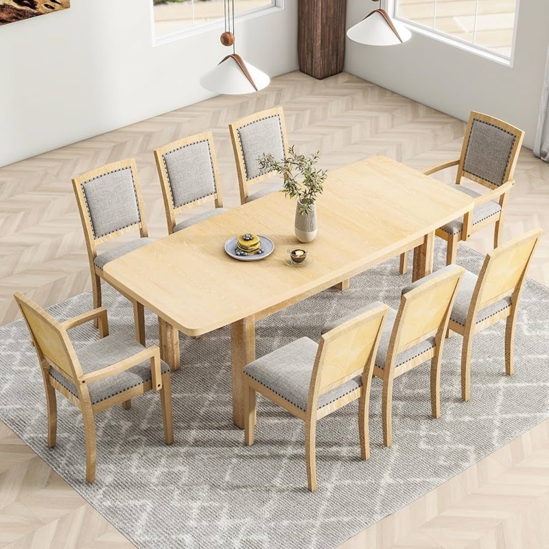 Dining Set Extendable Leaf Nailhead Detail Light Wood Modern Farmhouse