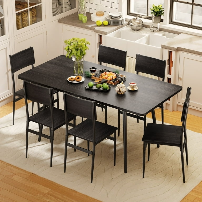 Dining Set Extendable Top Black Wood Toned Slat Back Chairs