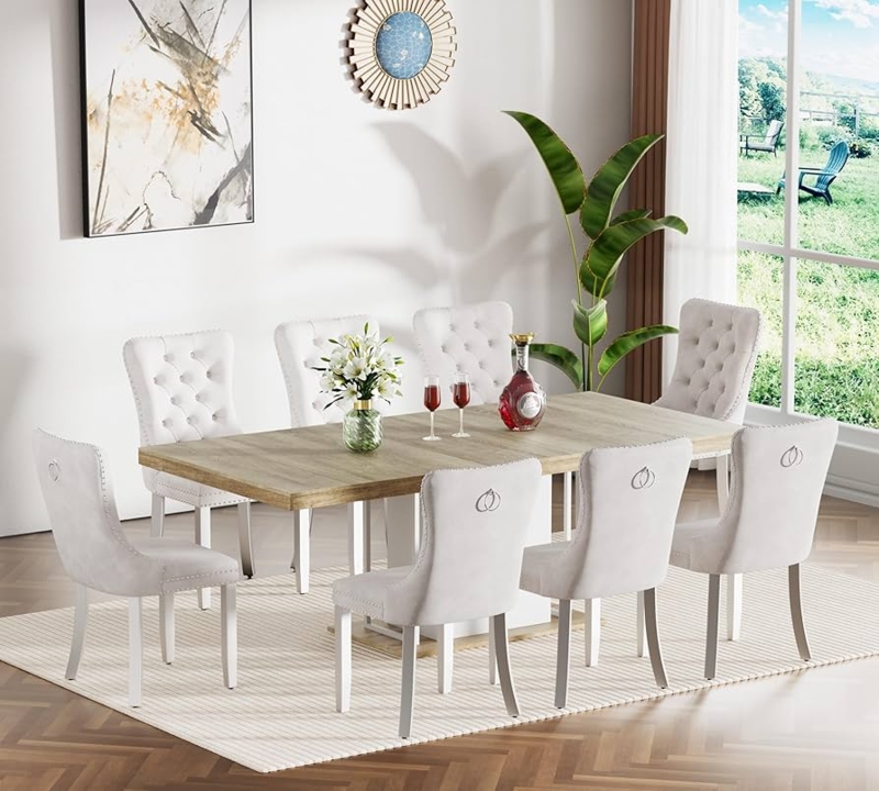 Dining Set Extendable Top Stainless Steel Chair Legs Beige Velvet