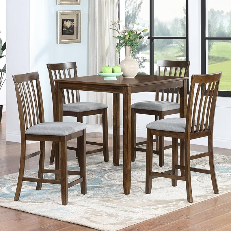 Dining Set Farmhouse Counter Height Slat Back Gray Upholstery