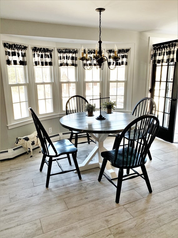 Dining Set Farmhouse Round White Pedestal X-Base Black Windsor Chairs