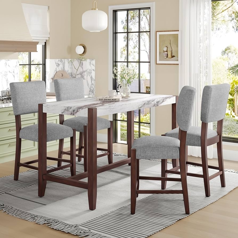 Dining Set Faux Marble Counter Height Tapered Wood Legs Grey Chairs