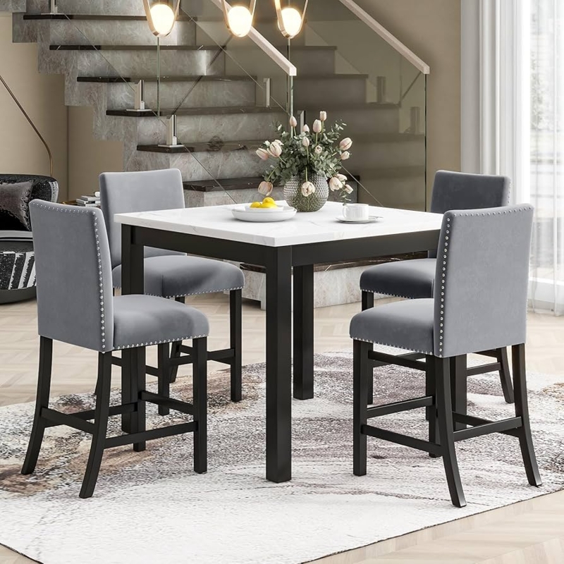 Dining Set Faux Marble Square Counter Height Nailhead Stools