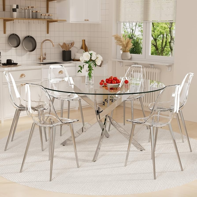 Dining Set featuring Clear Acrylic Chairs and Round Glass Table