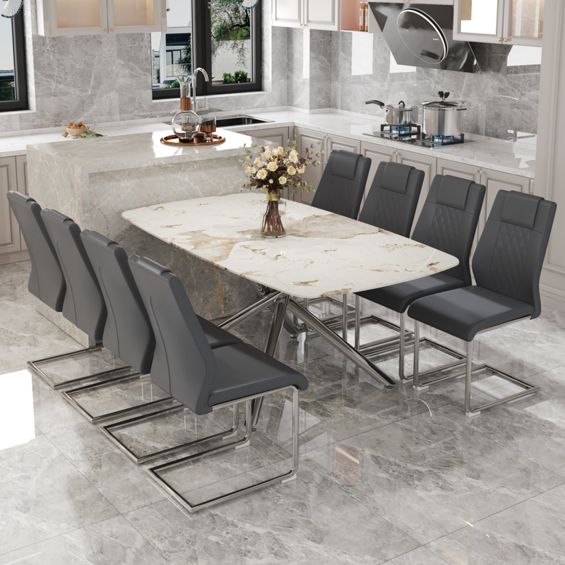 Dining Set Fork Pedestal Legs Marble Pattern Top Chrome Finish