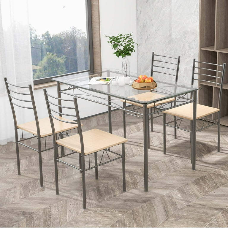 Dining Set: Grey Metal Frame, Ladder Back Chairs with Wood-Toned Seats