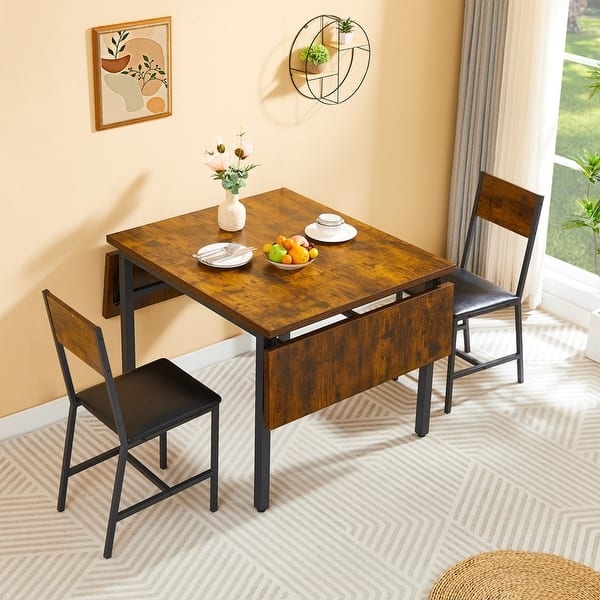 Dining Set Industrial Metal Frame Drop Leaf Wood Black Finish