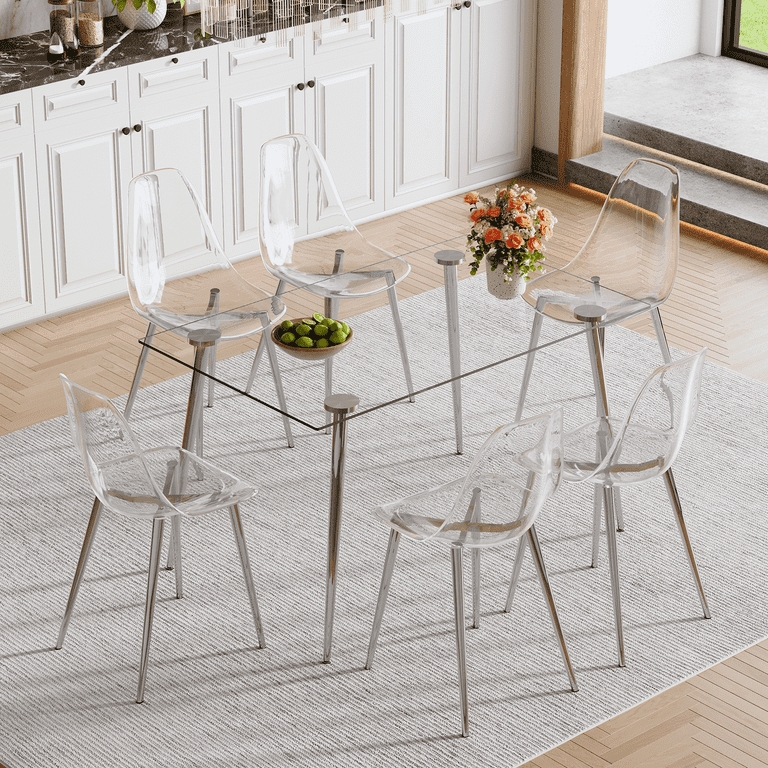 Dining Set Industrial Trestle Base Glass Table Black Metal Sled Legs