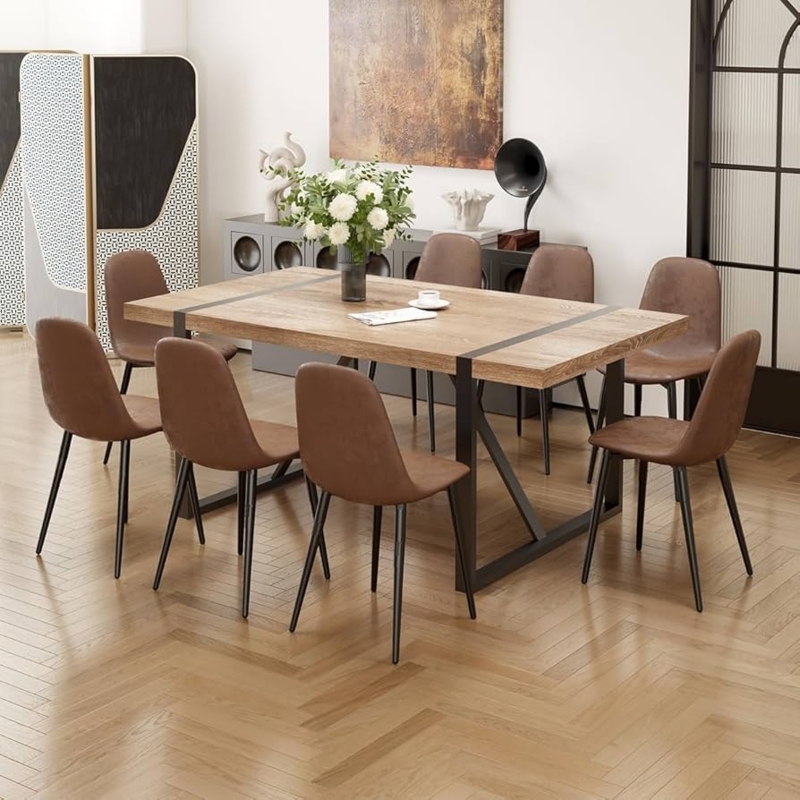 Dining Set Industrial Wood Toned X Frame Base Black Metal