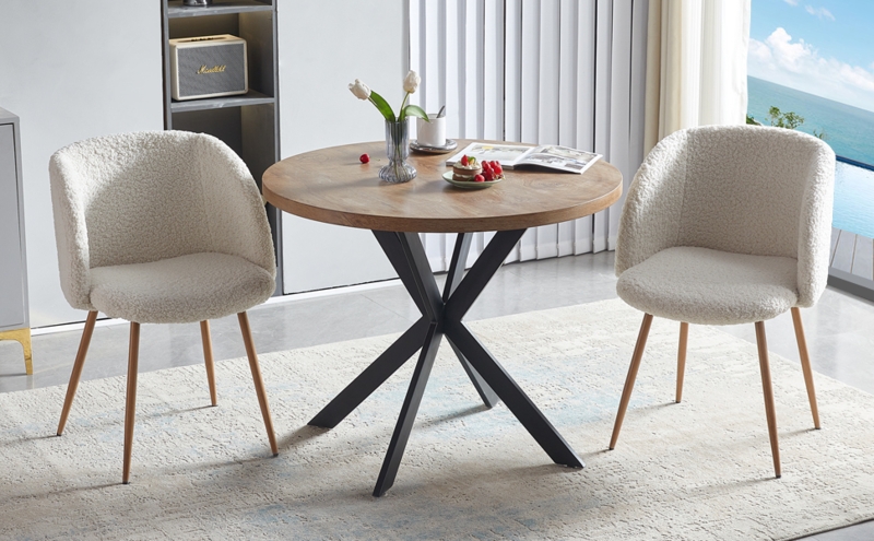 Dining Set Ivory Boucle Upholstery Round Wood Table Black X-Base