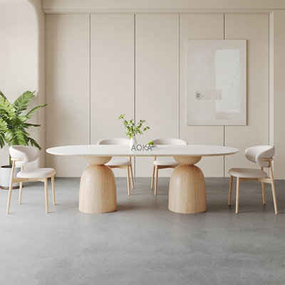 Dining Set Japandi Oval Stone Top Double Pedestal Base