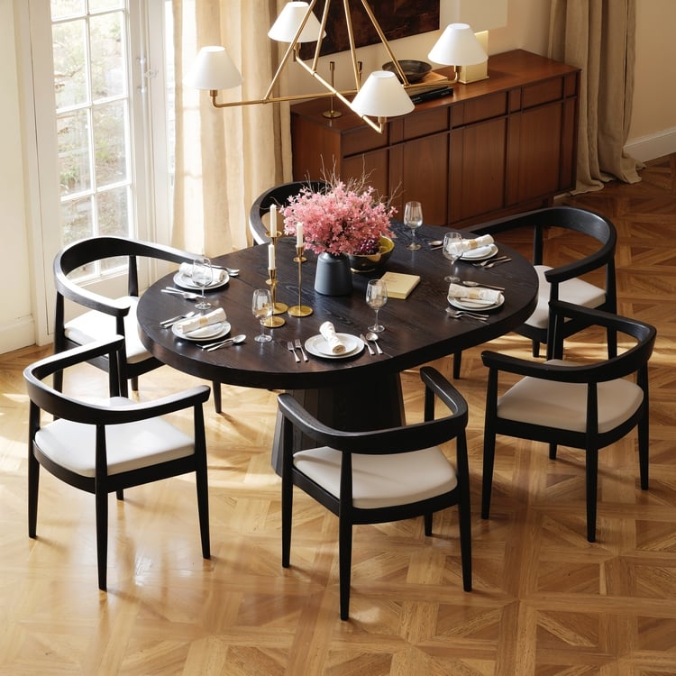 Dining Set Japandi Style Black Oval Tabletop Curved Backrest Chairs