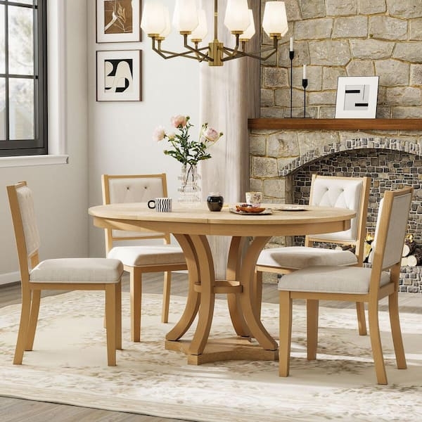 Dining Set Light Wood Round Table Tufted Cream Upholstered Chairs