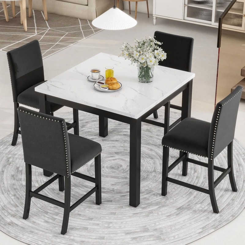 Dining Set Marble Look Top Nailhead Trim 5 Piece Counter Height