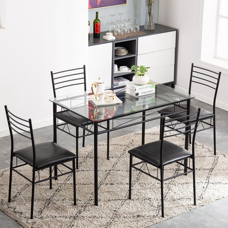 Dining Set: Matte Black Metal Frame, Glass Top Ladder Back Chairs